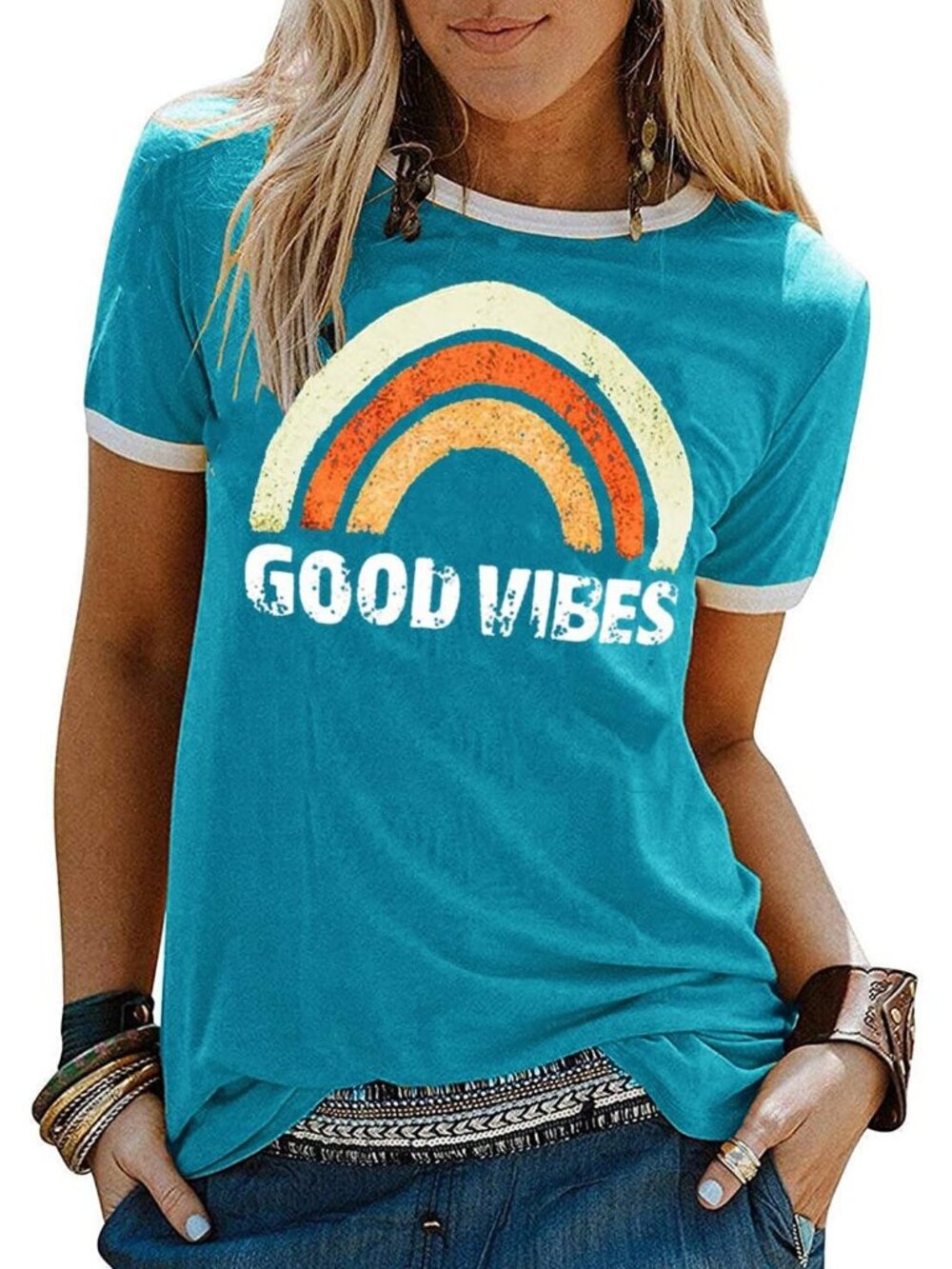 Women blue rainbow funny Letter Print Crew Neck Casual Short Sleeve Loose Shirts